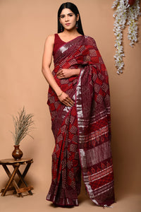 Hand Block Printed Linen Saree With Unstitched Blouse CMSRE08PR0004