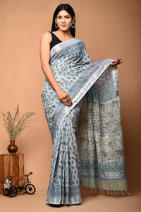 Hand Block Printed Linen Saree With Unstitched Blouse CMSRE08PR0005