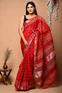 Hand Block Printed Linen Saree With Unstitched Blouse CMSRE08PR0009