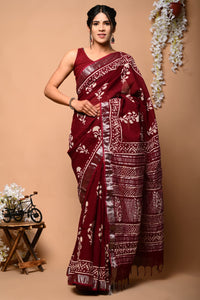 Hand Block Printed Linen Saree With Unstitched Blouse CMSRE08PR0010