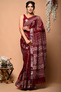 Hand Block Printed Linen Saree With Unstitched Blouse CMSRE08PR0012