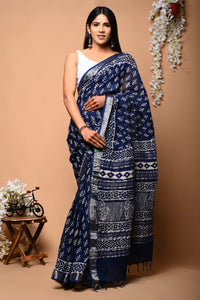 Hand Block Printed Linen Saree With Unstitched Blouse CMSRE08PR0018