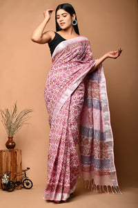 Hand Block Printed Linen Saree With Unstitched Blouse CMSRE08PR0021