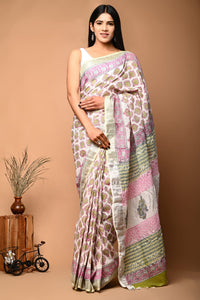 Hand Block Printed Linen Saree With Unstitched Blouse CMSRE08PR0025