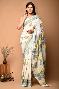 Hand Block Printed Linen Saree With Unstitched Blouse CMSRE08PR0027