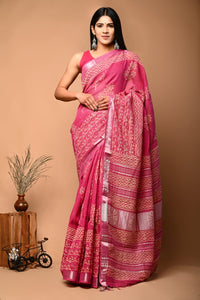 Hand Block Printed Linen Saree With Unstitched Blouse CMSRE08PR0029