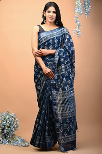 Hand Block Printed Linen Saree With Unstitched Blouse CMSRE08PR0031
