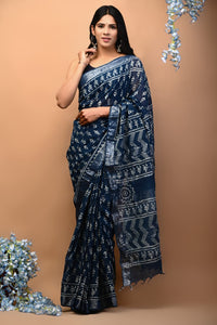 Hand Block Printed Linen Saree With Unstitched Blouse CMSRE08PR0033