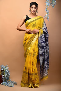 Hand Block Printed Linen Saree With Unstitched Blouse CMSRE08PR0034