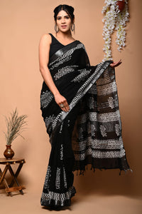 Hand Block Printed Linen Saree With Unstitched Blouse CMSRE08PR0040