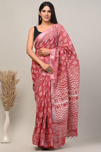 Hand Block Printed Linen Saree With Unstitched Blouse CMSRE08PR0044