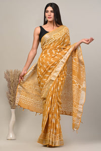 Hand Block Printed Linen Saree With Unstitched Blouse CMSRE08PR0046
