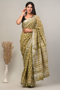 Hand Block Printed Linen Saree With Unstitched Blouse CMSRE08PR0047