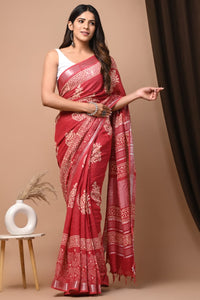 Hand Block Printed Linen Saree With Unstitched Blouse CMSRE08PR0056
