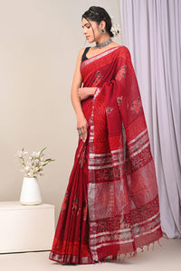 Hand Block Printed Linen Saree With Unstitched Blouse CMSRE08PR0063