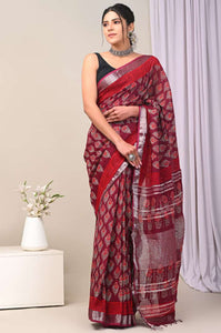 Hand Block Printed Linen Saree With Unstitched Blouse CMSRE08PR0072