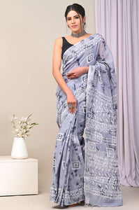 Hand Block Printed Linen Saree With Unstitched Blouse CMSRE08PR0073