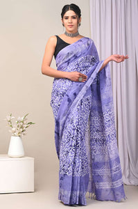 Hand Block Printed Linen Saree With Unstitched Blouse CMSRE08PR0078