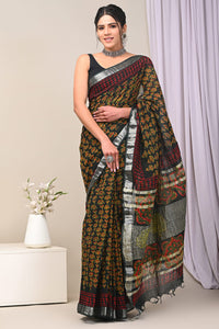 Hand Block Printed Linen Saree With Unstitched Blouse CMSRE08PR0079