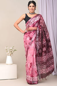 Hand Block Printed Linen Saree With Unstitched Blouse CMSRE08PR0082