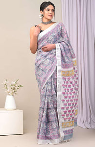 Hand Block Printed Linen Saree With Unstitched Blouse CMSRE08PR0084