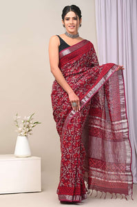 Hand Block Printed Linen Saree With Unstitched Blouse CMSRE08PR0090