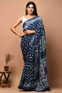 Hand Block Printed Linen Saree With Unstitched Blouse CMSRE08PR0091