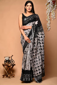 Hand Block Printed Linen Saree With Unstitched Blouse CMSRE08PR0094