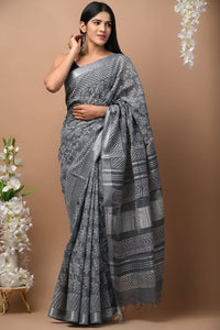 Hand Block Printed Linen Saree With Unstitched Blouse