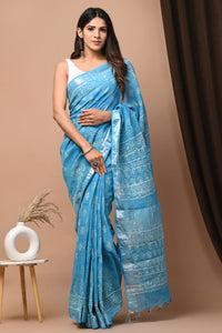 Hand Block Printed Linen Saree With Unstitched Blouse CMSRE08PR0098