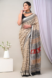 Hand Block Printed Linen Saree With Unstitched Blouse CMSRE08PR0100