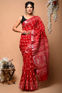 Hand Block Printed Linen Saree With Unstitched Blouse