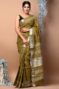 Hand Block Printed Linen Saree With Unstitched Blouse CMSRE08PR0104