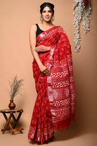 Hand Block Printed Linen Saree With Unstitched Blouse CMSRE08PR0105