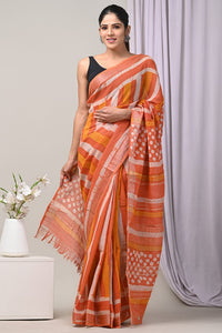 Block Printed Linen Saree With Unstitched Blouse