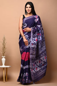 Hand Block Printed Linen Saree With Unstitched Blouse CMSRE08PR0108