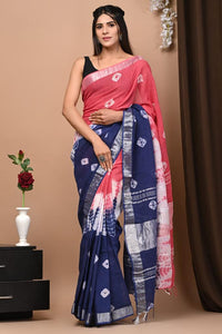 Hand Block Printed Linen Saree With Unstitched Blouse CMSRE08PR0111