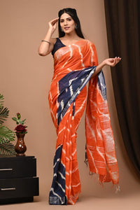 Hand Block Printed Linen Saree With Unstitched Blouse CMSRE08PR0112