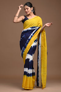 Yellow and Blue Tie and Dye Pure Assam Silk Saree