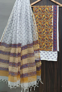 Hand Block Printed Cotton Suits With Kota Doria Duppata CMSUT10PH0033