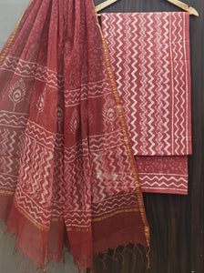 Hand Block Printed Cotton Suits With Kota Doria Duppata CMSUT10PH0051