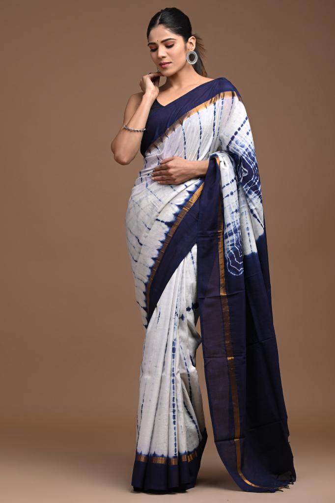 navy blue printed multi-shade saree