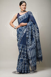 Hand Block Printed Linen Saree With Unstitched Blouse CMSRE08PR0117