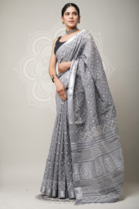 Hand Block Printed Linen Saree With Unstitched Blouse CMSRE08PR0120