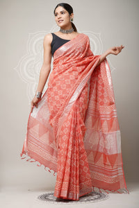 Hand Block Printed Linen Saree With Unstitched Blouse CMSRE08PR0121
