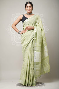 Hand Block Printed Linen Saree With Unstitched Blouse CMSRE08PR0122