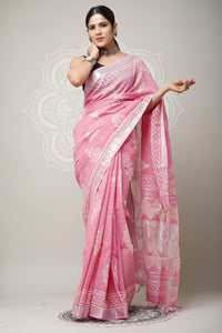 Hand Block Printed Linen Saree With Unstitched Blouse