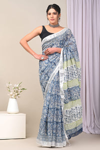 Hand Block Printed Linen Saree With Unstitched Blouse CMSRE08PR0129