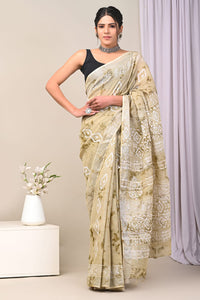 Hand Block Printed Linen Saree With Unstitched Blouse CMSRE08PR0131