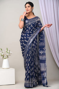 Hand Block Printed Linen Saree With Unstitched Blouse CMSRE08PR0136